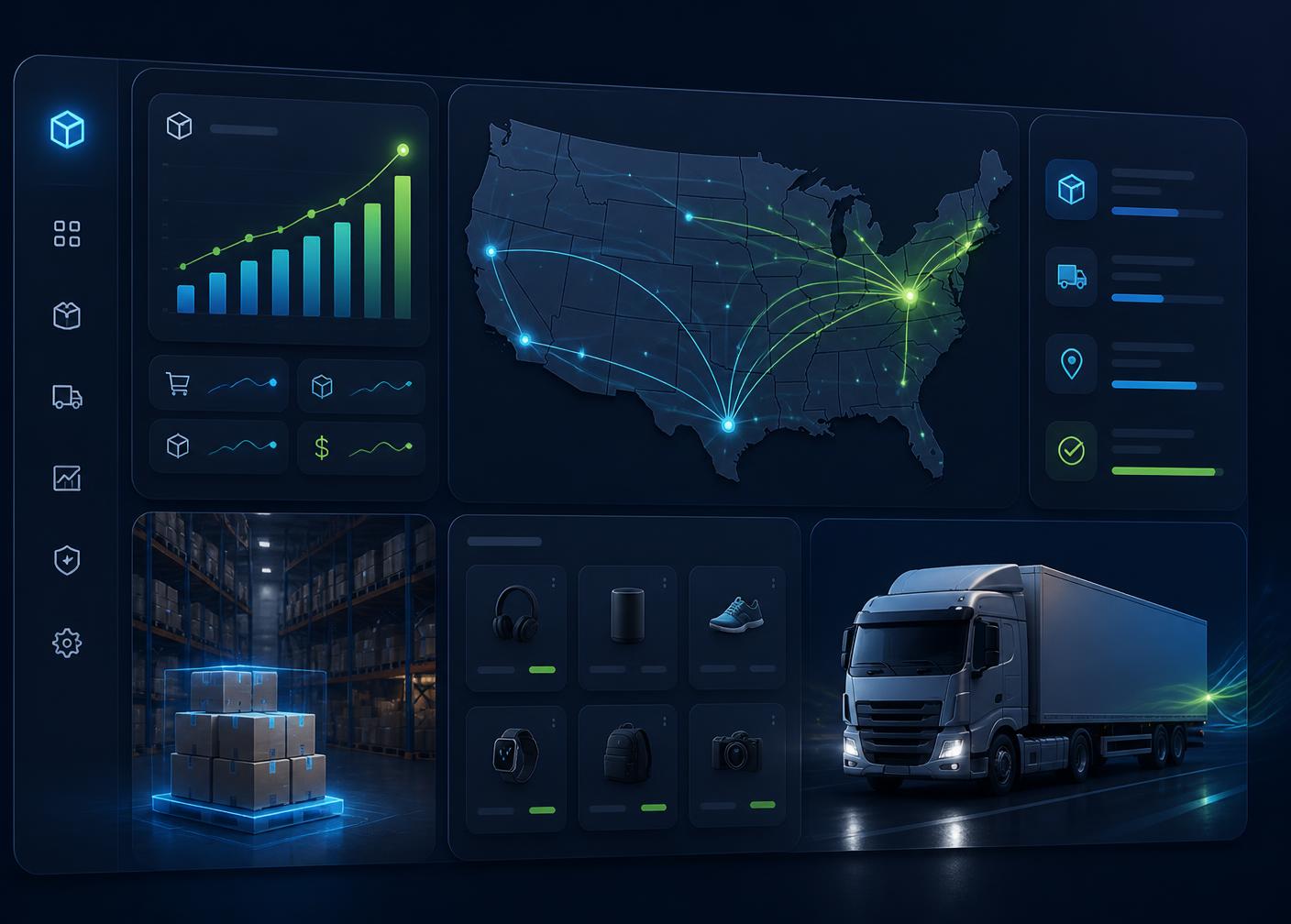 Tiptap IND warehouse dashboard showing US shipping routes, live order analytics, and same-day fulfillment